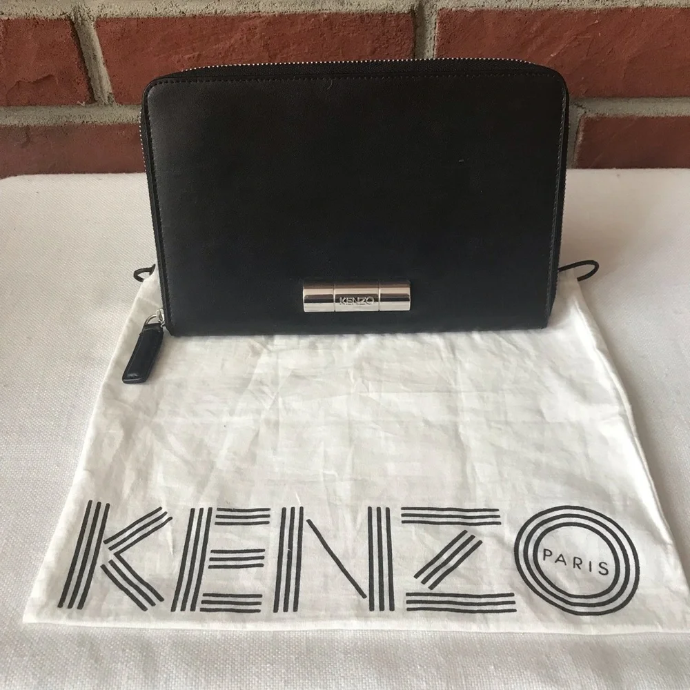 •Kenzo Black Leather Zip Clutch Travel Wallet Organizer